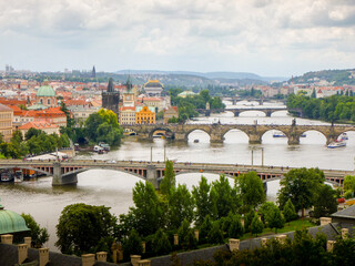 Fototapeta na wymiar Panoramic view of Prague Old Town and iconic Charles Bridge, Czech Republic