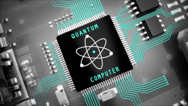 Motherboard circuit with a Quantum computer chip animated electric lines - 3D render