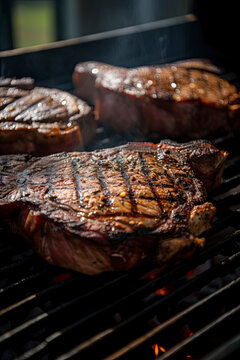 Large steaks with grill marks on the grill with Generative AI technology