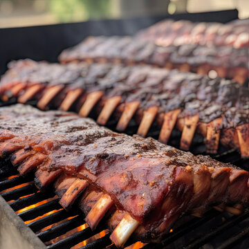 Group of large rack of ribs on the grill covered in barbecue sauce created with Generative AI technology