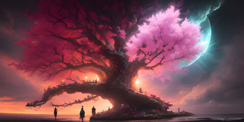 Illustration with a fantastic tree in the style of a painting. A majestic tree. - obrazy, fototapety, plakaty