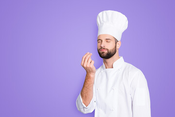 Portrait with copyspace, empty place for advertisement, product of attractive chef cook in beret...