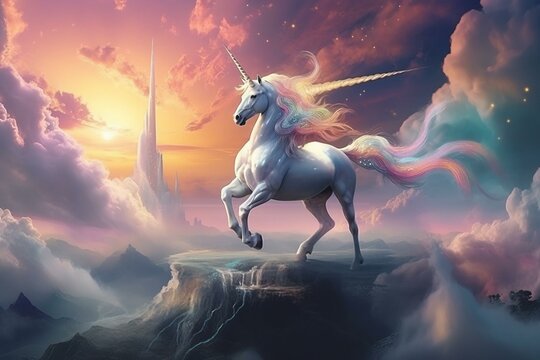 Magic unicorn in beautiful sky with rainbow and fluffy clouds. Fantasy world. Generative AI