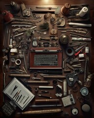 desk full of details and instruments and type machine, generative AI