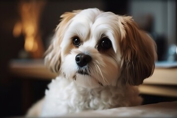 Close-up of Dog Sitting in Living Room with Blur Background at Home