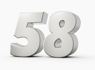 3d Shiny Silver Number 58 Fifty Eight 3d Silver Number Isolated On White Background, 3d illustration