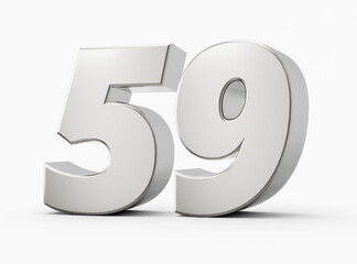 3d Shiny Silver Number 59, Fifty Nine 3d Silver Number Isolated On White Background, 3d illustration