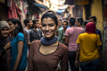 young adult multiethnic woman in side street with local people and tourists, fictional place, Generative AI