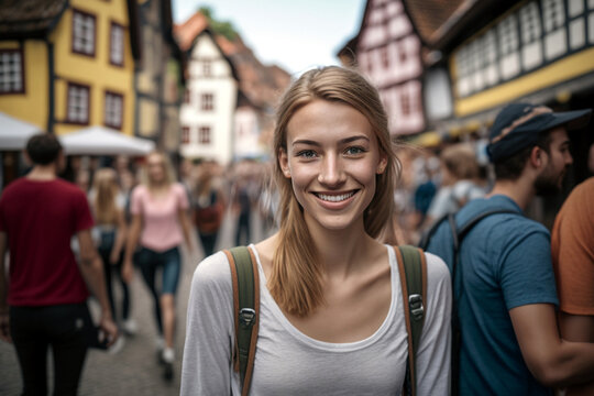young adult woman with blond hair and backpack and shirt in an old town with many tourists, fictional place, Generative AI