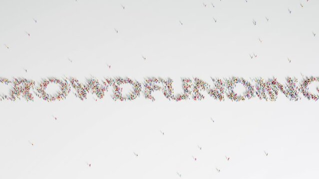 Group Of People Forming CROWDFUNDING Word Animation on a White Background.
