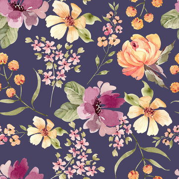 Seamless pattern with delicate flowers. watercolor illustration, on a blue background.