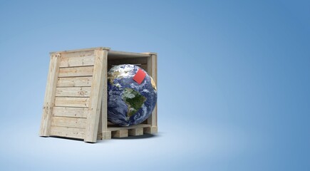 planète Terre dans une caisse en bois avec étiquette Fragile collée dessus - rendu 3D - obrazy, fototapety, plakaty