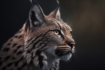 Fototapeta premium Predatory spotted wild animal lynx. Side view, close-up. Generative AI