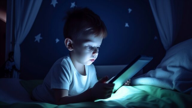 un enfant sur son lit le visage éclairé par la lumière bleue d'une tablette - generative ai