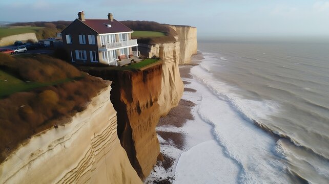 Une maison au bord d'une falaise rongée par l'érosion, la maison risque de tomber - generative ai
