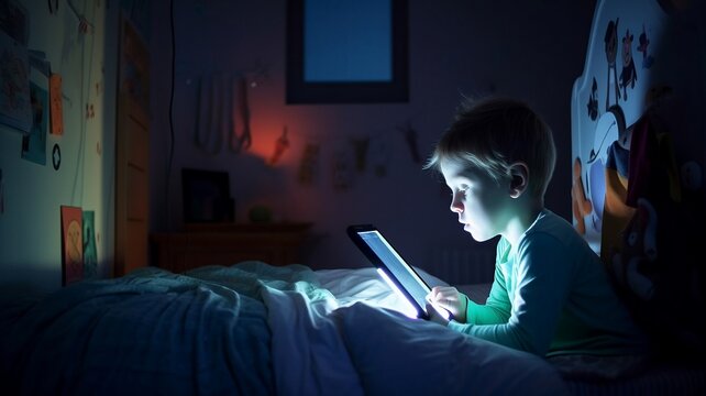 un enfant sur son lit le visage &eacute;clair&eacute; par la lumi&egrave;re bleue d'une tablette - generative ai