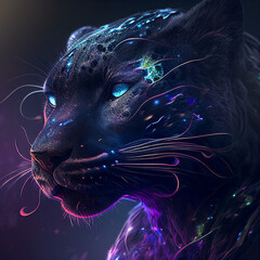 PANTHER fantastically shimmering, Hyperrealistic Illustration, Insane Graphics, Universe, Galaxy, Stars in the Background, 