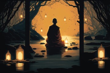 Monk sitting in lotus position on a rock and meditating viewed from back. Generative AI