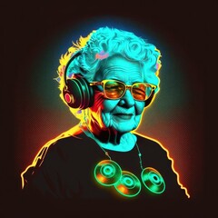 Elderly woman with headphone listening music. Youthful attitude. Generative AI