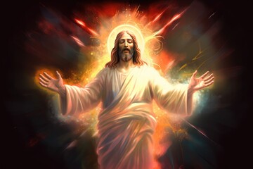 Christianity figure. Colorful image of Jesus Christ on illuminated background with colors. Generative AI