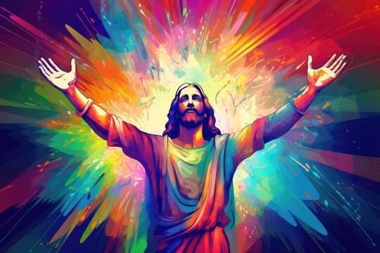 Christianity figure. Colorful image of Jesus Christ on illuminated background with colors. Generative AI