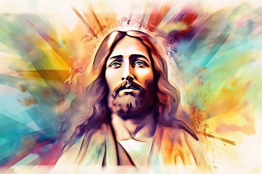 Christianity figure. Colorful image of Jesus Christ on illuminated background with colors. Generative AI