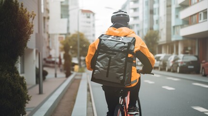 Delivery rider riding a bicycle through the city with his delivery backpack on his back. Generative AI