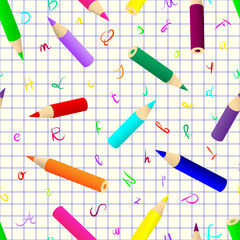 Colored pencils and colored letters. Seamless pattern. Colorful vector illustration. 