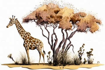 Stylized graphic art illustration of giraffe in savanna near the trees. Full length side view. Generative AI.