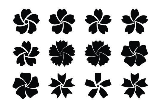 Set of Sakura or cherry blossom or five petals flower design and drawing in black and white vector
