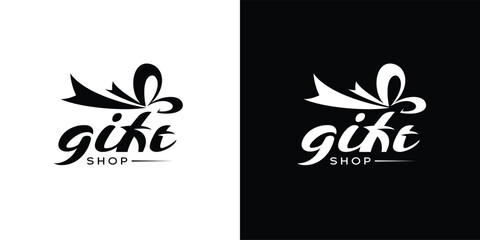 Gift shop initial handwriting vector logo design, gift shop logo design with ribbon vector design template 