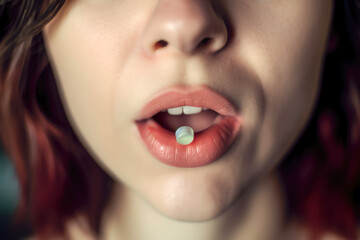 Junge Frau mit einer Pille im Mund - Generative AI