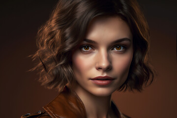 Fototapeta premium young adult woman with short hairstyle, Generative AI