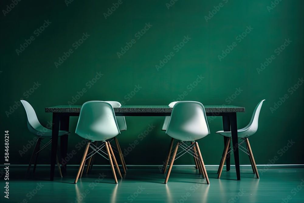 Poster table with chairs without people in a meeting room on an isolated green background. space for text. 