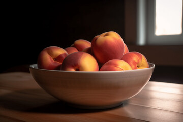 Wooden bowl of peaches generative ai