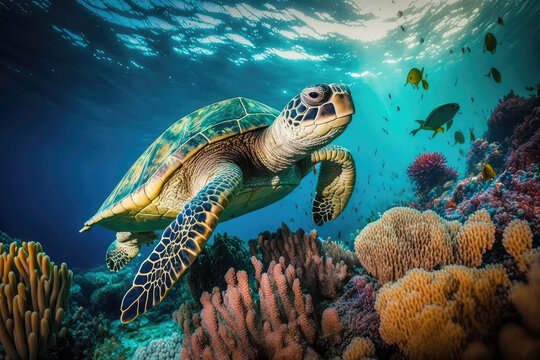 Image for 3d water floor. Underwater world. Turtle. corals. (ai generated)