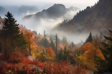 Autumn landscape with mountains, trees and fog. AI Generated