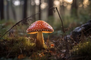 Mushroom amanita in the forest close-up. AI Generated