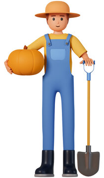 Farmer in overalls hold pumpkin in one hand and shovel in other front view 3d illustration. 3d illustration of gardener man hold pumpkin and shovel 