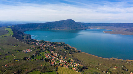 Aerial view of Lake Vico. It is a volcanic lake in the northern Lazio region, central Italy. It is one of the highest major Italian lakes and occupies the central caldera of Vico Volcano.