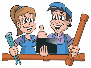 Installateur und Installateurin im Comic-Stil, mit Rohrzange, Rohren und Tablet PC