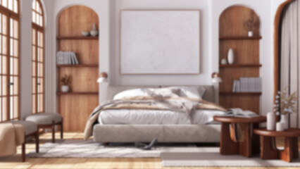 Blurred background, contemporary wooden bedroom with parquet and arched windows. Double bed, carpets and armchairs. Japandi interior design