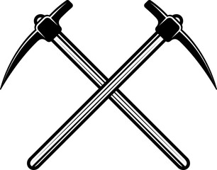 Vintage mining pickaxe. Can be used like emblem, logo, badge, label. mark, poster or print. Monochrome Graphic Art.