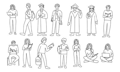 Different poses adult students doodle icons collection. Hand drawn illustrations of young man and woman student characters in vector