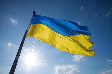 The flag of Ukraine on the background of the blue sky. AI Generated