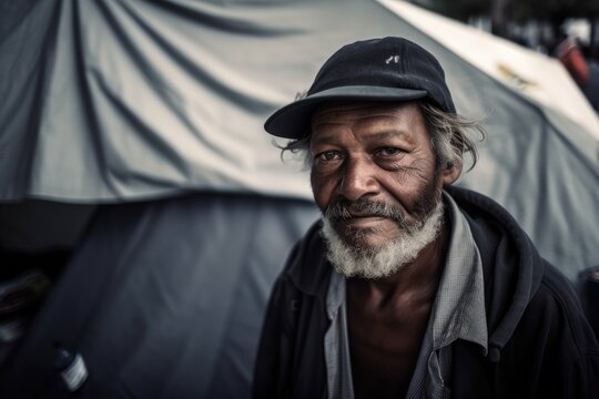 Homeless man on the street camp - Generative AI illustration