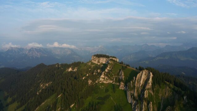 Aerial view around the Riedberger Horn mountain, sunset in Allgau, Bavaria, Germany