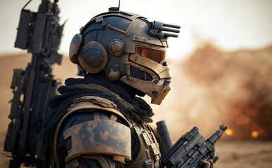 soldier in combat gear or a robot with artificial intelligence, combat suit, war zone and war weapon, fictional location, Generative AI