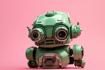 retro robot looking down pink background. Generative AI