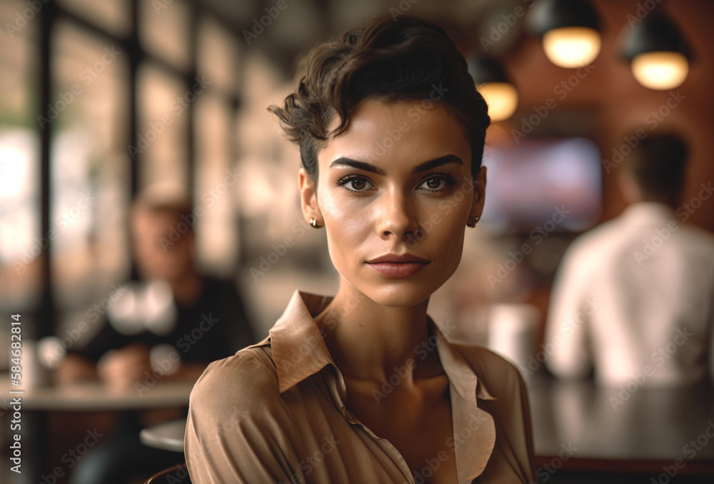 Wall mural young adult woman in cafe or restaurant in summer shirt, fictional location, Generative AI